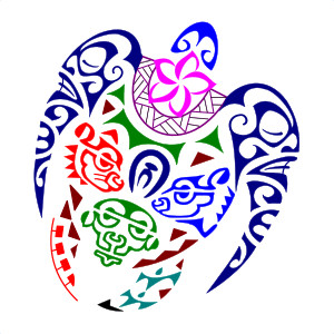 Polynesian style turtle tattoo with tiger,
bear, and monkey